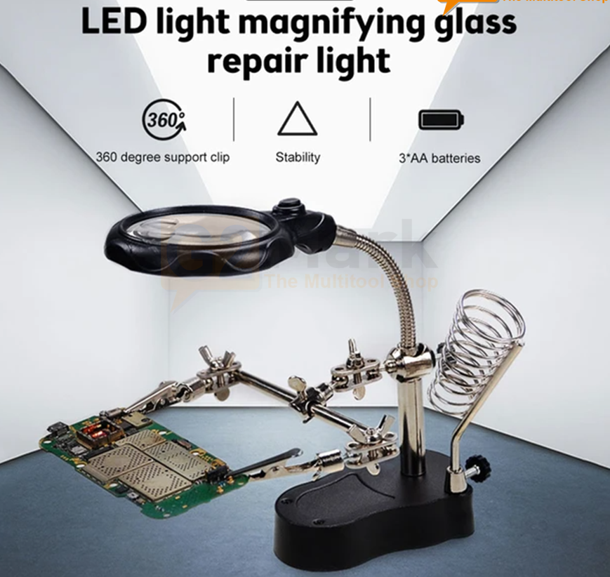 TE 801 Helping Hand Magnifier Glass 2 LED Light Auxiliary Clip With Soldering Stand